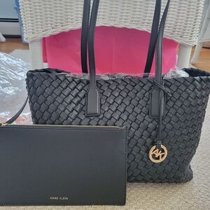 Anne Klein Black Vegan Woven Tote with Removable Clutch/Wristlet/Pouch NWOT 🌷🌷